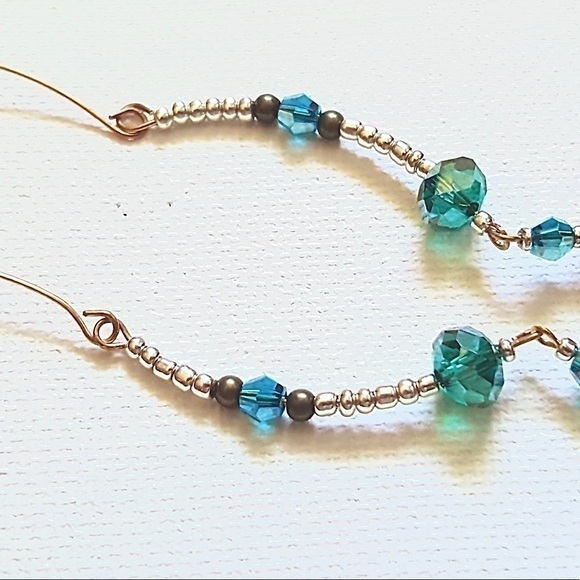 LONG BEADED STATEMENT EARRINGS GREEN BROWN SILVER GOLD LIGHTWEIGHT Handmade - Picture 3 of 5